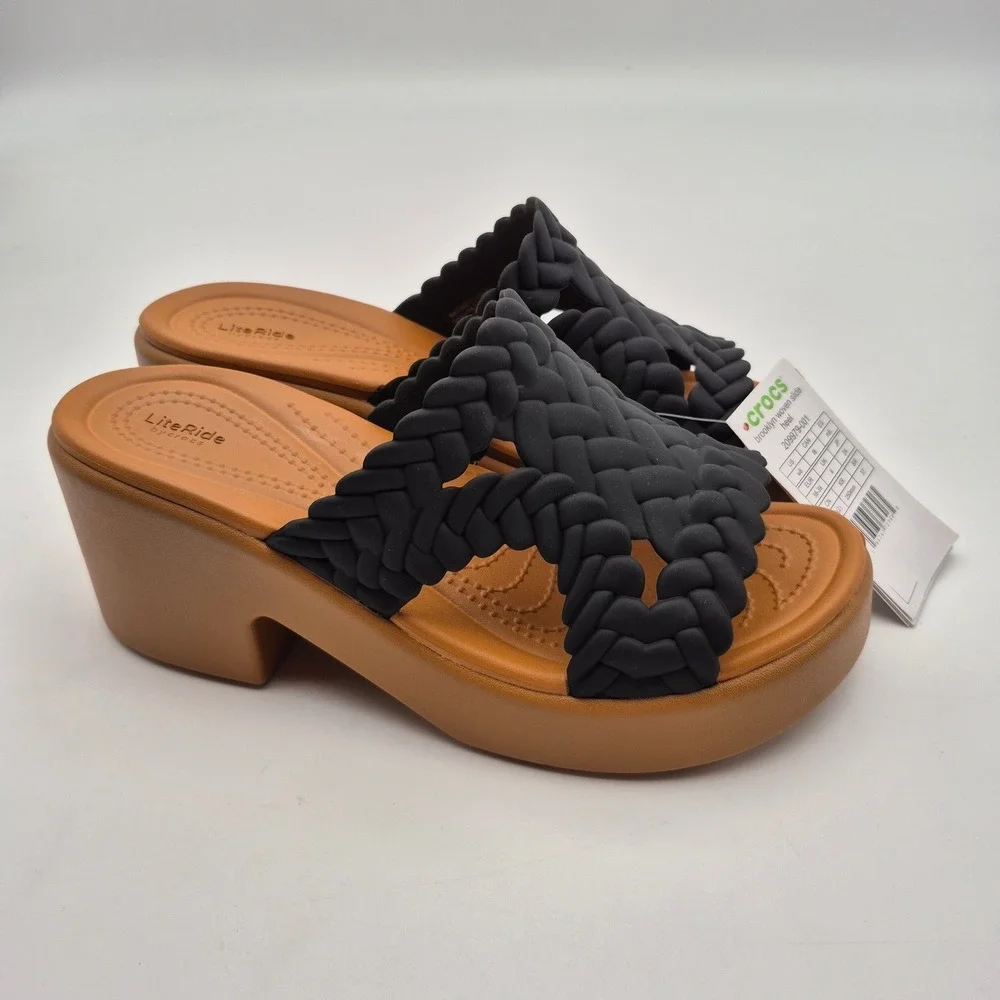 Crocs Brooklyn Woven Slide Heel Platform Sandals Noir Black Women's Size 9 Shoes